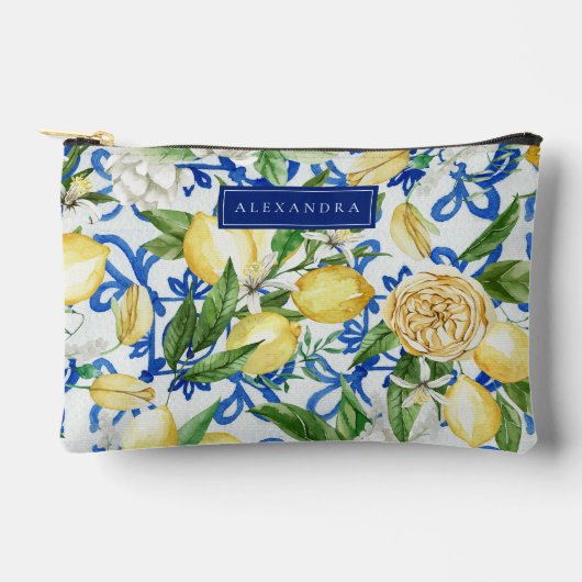 Amalfi Coast Blue Tile Lemon Personalized アクセサリーポーチ (正面)
