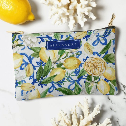 Amalfi Coast Blue Tile Lemon Personalized アクセサリーポーチ