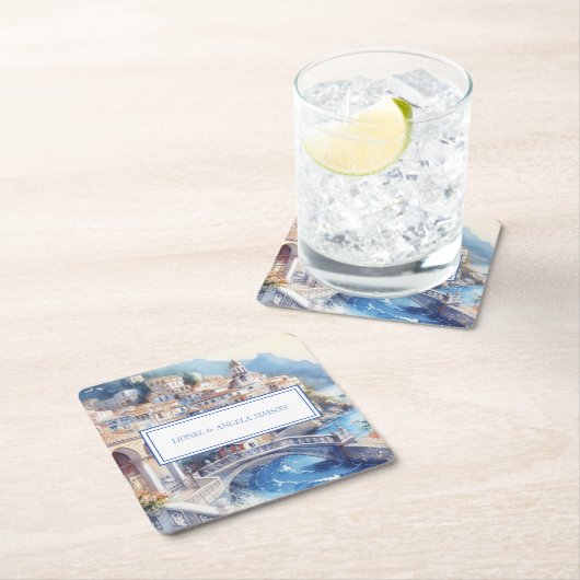 Amalfi Coast Blue Tilesイタリアパーソナライズされた写真 スクエアペーパーコースター (インサイチュ)