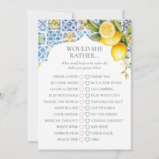 Amalfi Coast Bridal Shower Would She Rather Game 招待状 (正面)