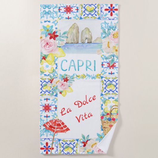 Amalfi Coast Capri Blue Tiles Wedding ビーチタオル (正面)