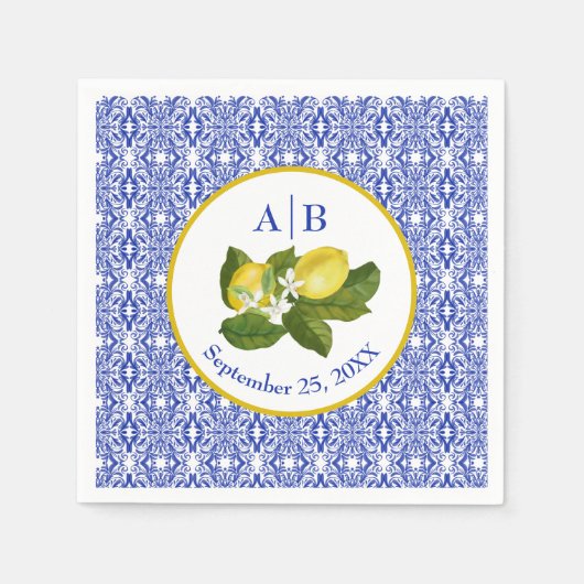 Amalfi Coast I Italian Lemon & Blue Tile Mongram スタンダードカクテルナプキン (正面)