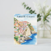 Amalfi Coast Italy Watercolor Cliffside Town ポストカード (スタンド正面)