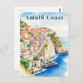 Amalfi Coast Italy Watercolor Cliffside Town ポストカード (正面/裏面)