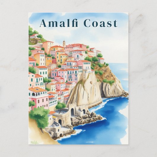 Amalfi Coast Italy Watercolor Cliffside Town ポストカード (正面)