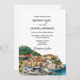 Amalfi Coast Italy Watercolor Skyline Wedding 招待状