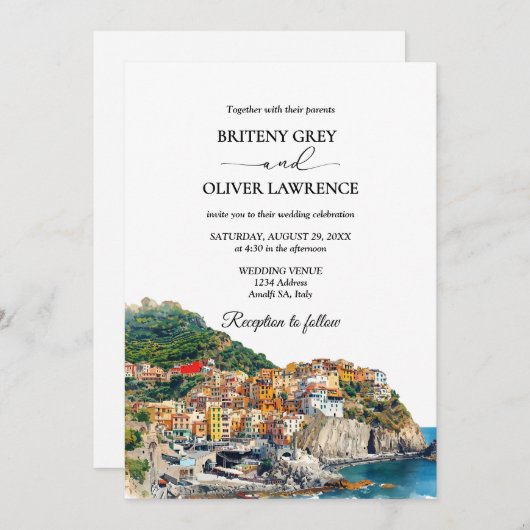 Amalfi Coast Italy Watercolor Skyline Wedding 招待状 (正面/裏面)