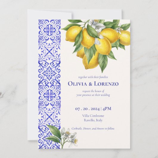 Amalfi Coast Lemon & Blue Tile Wedding Invitation  招待状 (正面)
