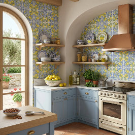 Amalfi Coast Mediterranean Blue Tile Lemon Pattern 壁紙