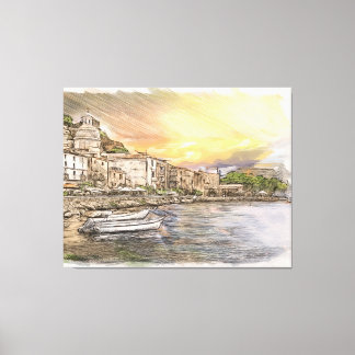 Amalfi coast village sketch with boats at sunset キャンバスプリント