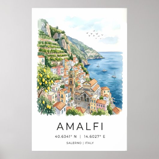 Amalfi Coast Watercolor Print Turquoise Sea ポスター (正面)