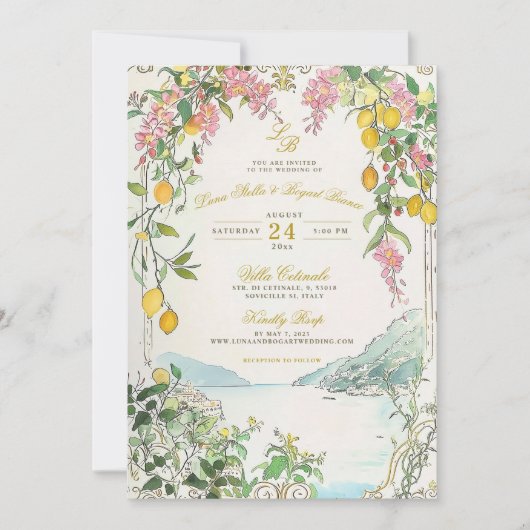 Amalfi Coast Wedding Invitation Custom Lemon Beach 招待状 (正面)