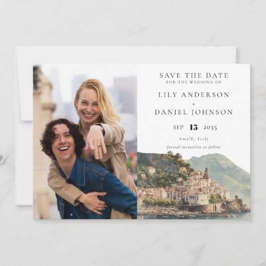 Amalfi Italian Watercolor Photo Wedding セーブザデート (正面)