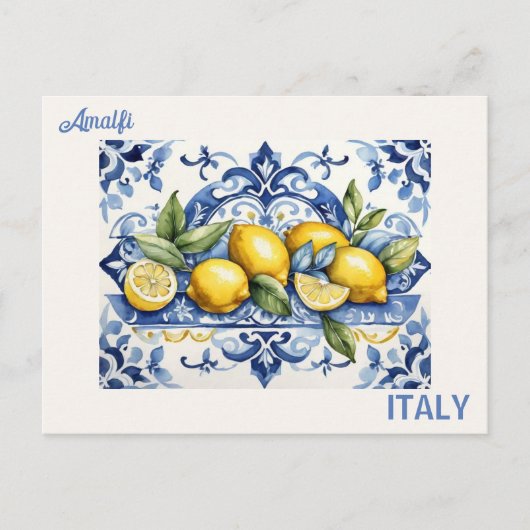 Amalfi Italyの青いタイトルとレモン ポストカード (正面)