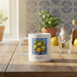 Amalfi Italy Lemon Blue White Tile Personalized ジャンボコーヒーマグカップ