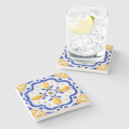 Amalfi Lemon Citrus Watercolor Mediterranean ストーンコースター (横)