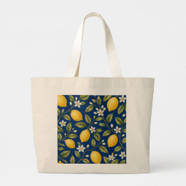 Amalfi Lemon Orchard Blue Botanical Pattern Tote B ラージトートバッグ