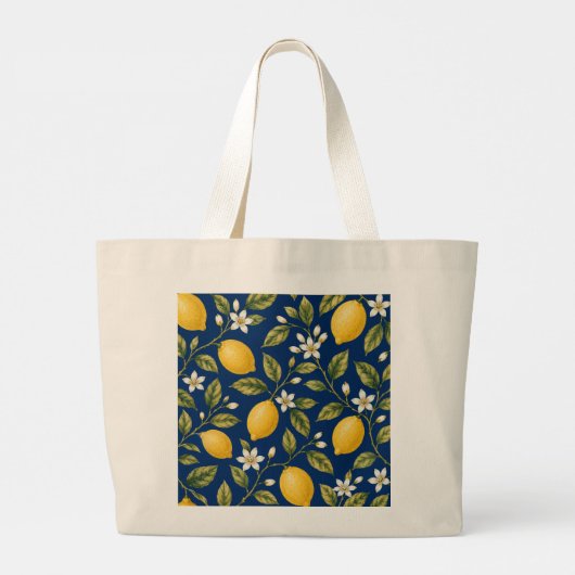 Amalfi Lemon Orchard Blue Botanical Pattern Tote B ラージトートバッグ (裏面)
