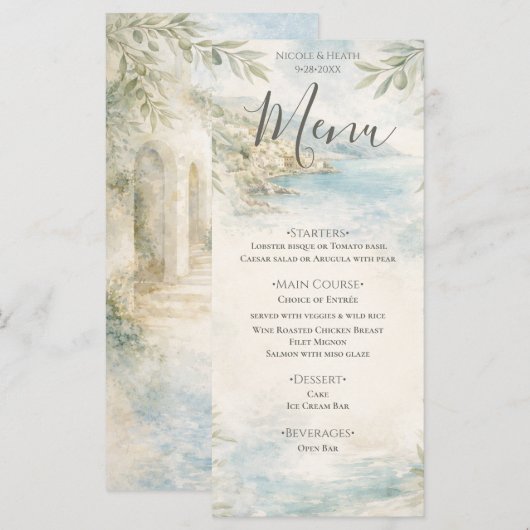 Amalfi Reverie — Mediterranean Coast Wedding Menu メニュー (正面/裏面)