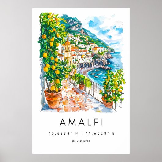 Amalfi Watercolor Poster Amalfi Travel Print ポスター (正面)