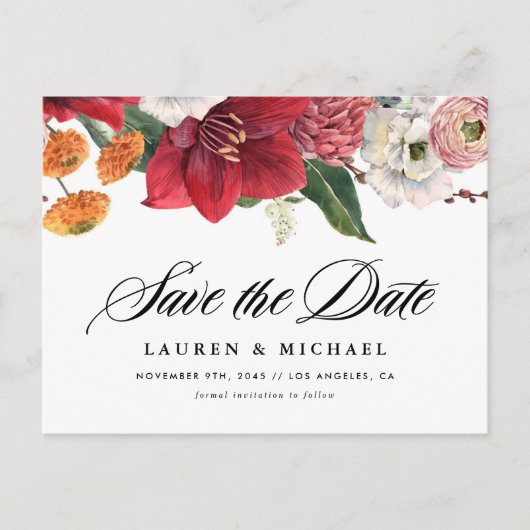 Amaryllis and Autumn Florals QR Code Save the Date 案内ポストカード (正面)