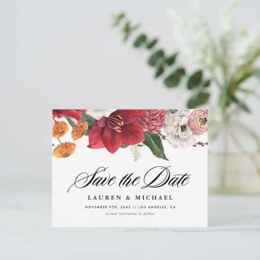 Amaryllis and Autumn Florals QR Code Save the Date 案内ポストカード (スタンド正面)