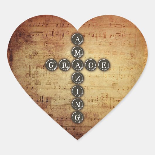 Amazing Grace Cross onヴィンテージ・ミュージック・シート ハートシール (正面)