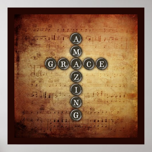 Amazing Grace Cross on Vintage Music Sheet ポスター (正面)