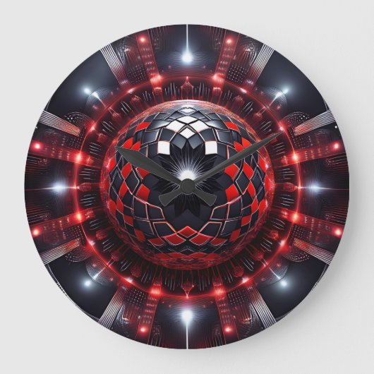 Amazing Red/Black Checkered Mandelbrot Starbursts ラージ壁時計 (正面)