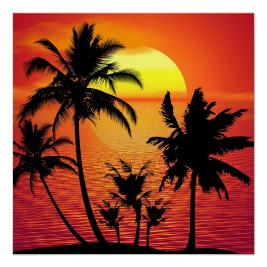 Amazing sunset with palms on tropical beach ポスター (正面)