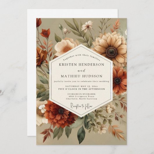 Amber Floral Autumn Romance Wedding 招待状 (正面/裏面)