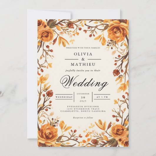Amber Floral Branch Flourish Wedding 招待状 (正面)
