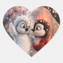 Amber & Frosty Cute Fire and Ice Penguin Sticker ハートシール