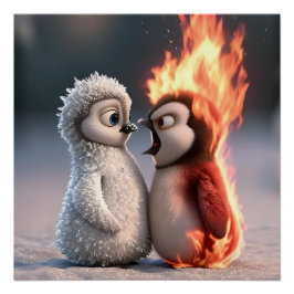 Amber & Frosty Fire and Ice Penguin Poster ポスター