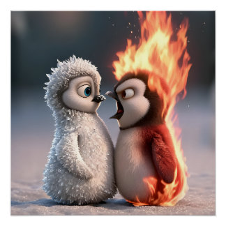 Amber & Frosty Fire and Ice Penguin Poster ポスター