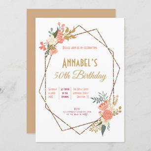 Ambroseサンゴフローラ幾何学フレーム50番目の誕生日 招待状