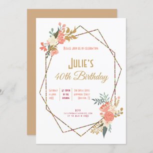 Ambrose CarolフローラGeometric Frame 40th Birthday 招待状
