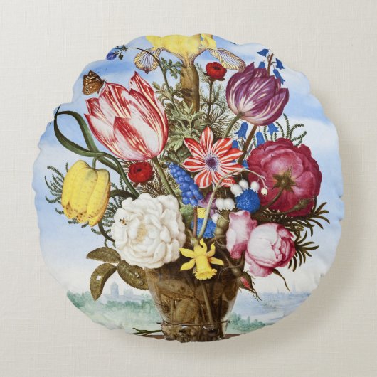 Ambrosius Bosschaertフレッジの花の花束 ラウンドクッション (正面)