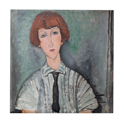 Amedeo Modigliani – ブラウスの若いストライプの女の子 タイル (正面)
