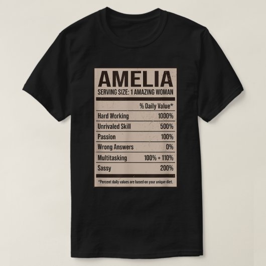 Amelia Nutrition Facts Name Nickname Alias Title F Tシャツ (デザイン正面)