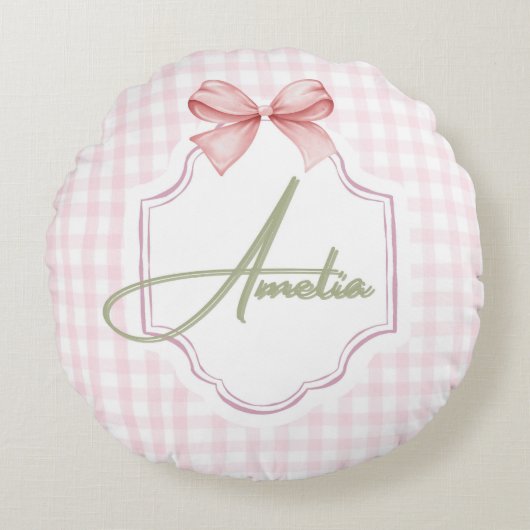 Amelia Personalized Pink Bow & Gingham Print  ラウンドクッション (正面)