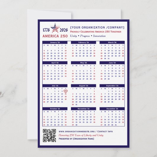 America 250 Patriotic Blue 2026 Calendar Keepsake (正面)