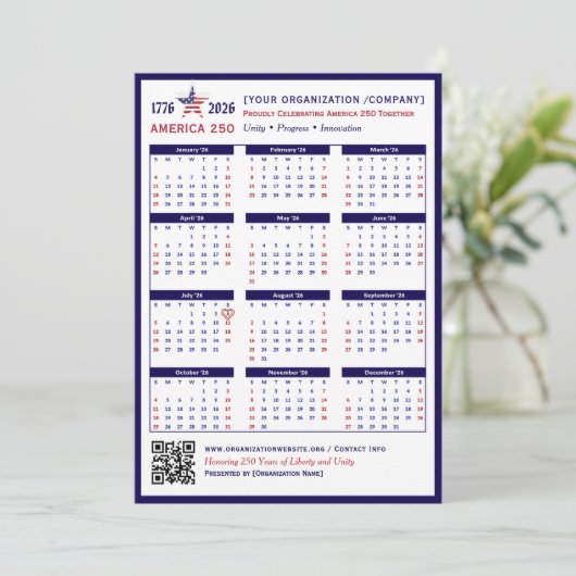 America 250 Patriotic Blue 2026 Calendar Keepsake (スタンド正面)
