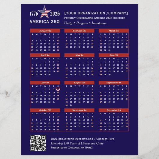 America 250 Patriotic Blue 2026 Calendar Keepsake チラシ (正面)
