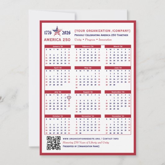 America 250 Patriotic Red 2026 Calendar Card (正面)