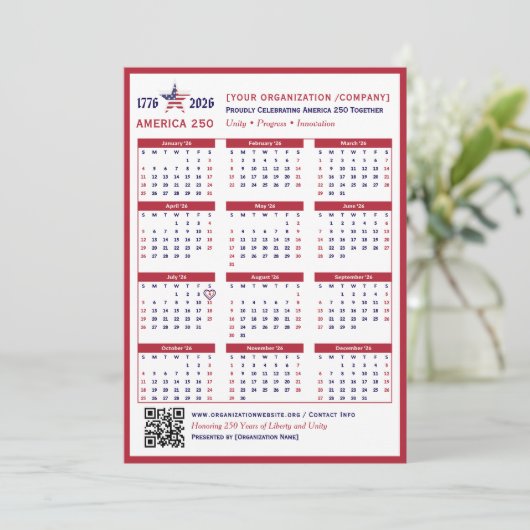 America 250 Patriotic Red 2026 Calendar Card (スタンド正面)