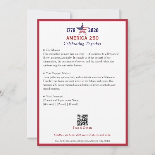 America 250 Patriotic Red 2026 Calendar Card (裏面)