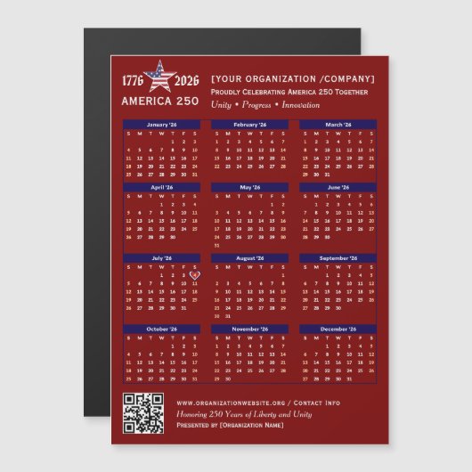 America 250 Patriotic Red 2026 Calendar Keepsake (正面/裏面)
