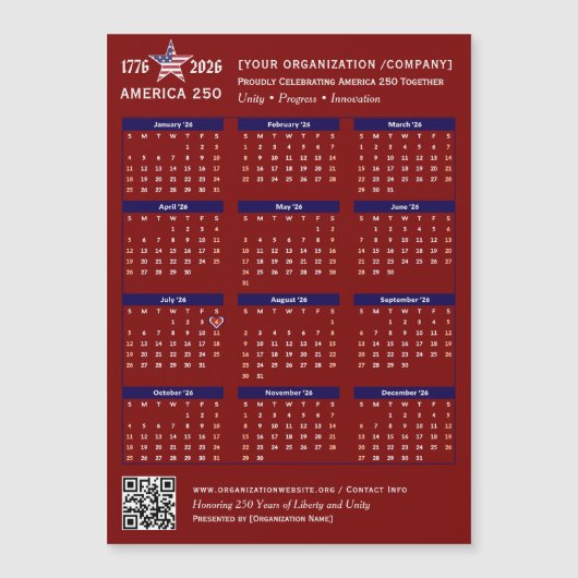 America 250 Patriotic Red 2026 Calendar Keepsake (正面)