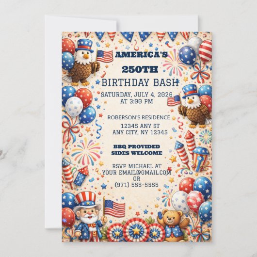 America 250th Birthday Invite Patriotic  シーズンカード (正面)